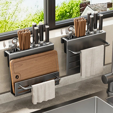Multi-Function Kitchen Knife Holder Wall-Mounted Cutting Board and Chopstick Storage Rack Integrated Shelf
