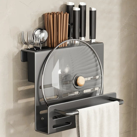 Multi-Function Kitchen Knife Holder Wall-Mounted Cutting Board and Chopstick Storage Rack Integrated Shelf