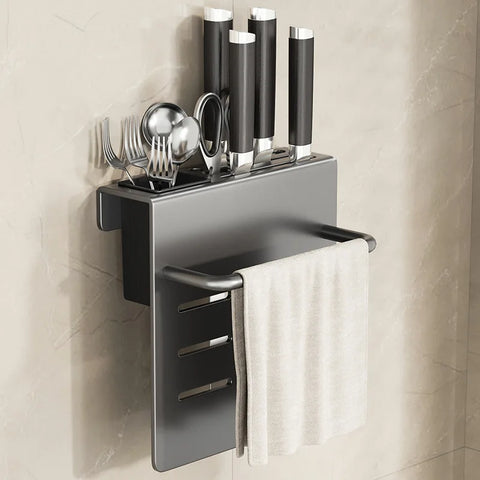 Multi-Function Kitchen Knife Holder Wall-Mounted Cutting Board and Chopstick Storage Rack Integrated Shelf