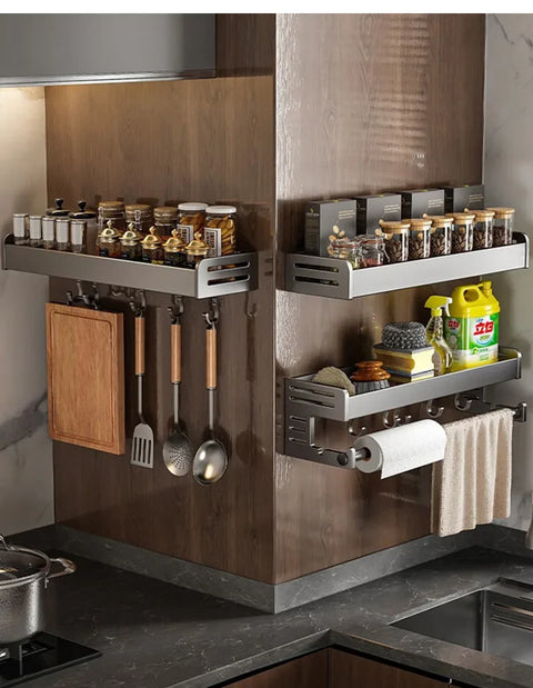 30/40CM Kitchen Storage Rack with Hook Wall Mounted Seasoning Bottle Storage Shelf Knife Shovel Spoon Holder Kitchen Organizers