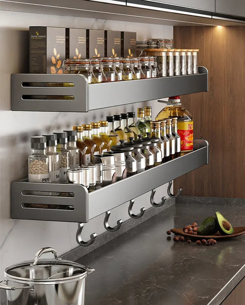 30/40CM Kitchen Storage Rack with Hook Wall Mounted Seasoning Bottle Storage Shelf Knife Shovel Spoon Holder Kitchen Organizers