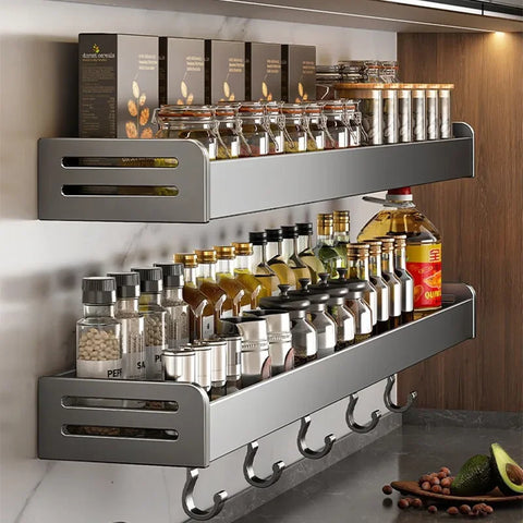 30/40CM Kitchen Storage Rack with Hook Wall Mounted Seasoning Bottle Storage Shelf Knife Shovel Spoon Holder Kitchen Organizers
