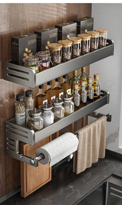 30/40CM Kitchen Storage Rack with Hook Wall Mounted Seasoning Bottle Storage Shelf Knife Shovel Spoon Holder Kitchen Organizers